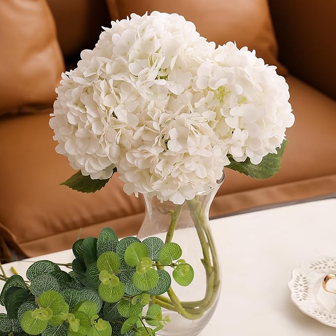 Tifuly 4pcs Fake Hydrangea with Vase -3D Real Touch Faux Hydrangea Flowers and 3pcs Eucalyptus Stems for Wedding Centerpiece Home Party Table Decoration（White）