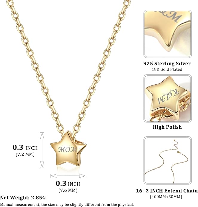 ChicSilver Personalized 925 Sterling Silver Dainty Small Heart/Star/Moon/Dot/Triangle Pendant Necklace for Women, Silver/Gold/Rose Gold/Black (with Gift Box)