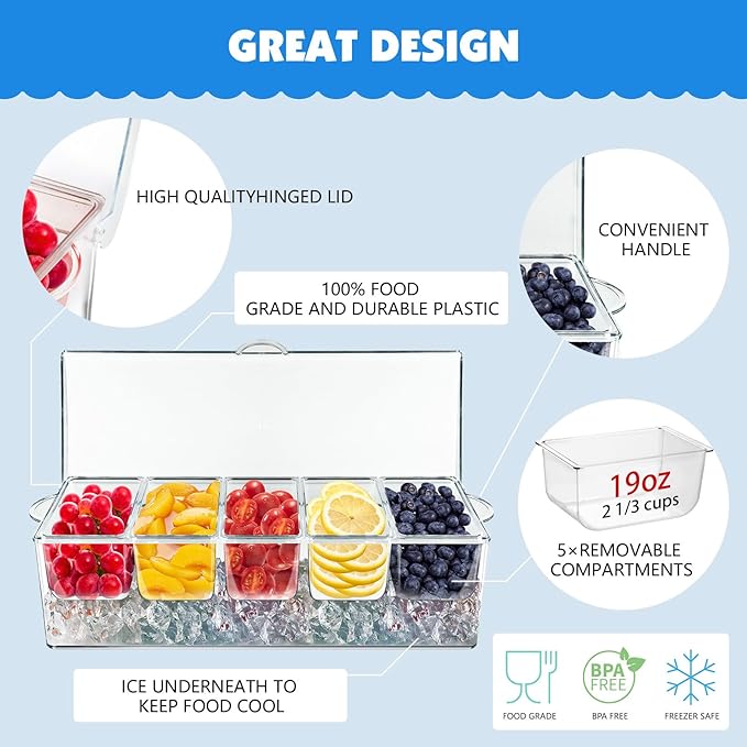 Chilled Condiment Server Tray, Bar Fruit Caddy with Lid and 5 Removable Compartments, Clear Ice Condiment Serving Tray for Party, Toppings Bar Container, Garnish
