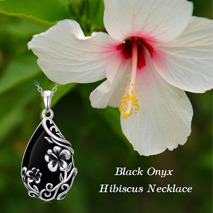 Black Onyx Necklace 925 Sterling Silver Flower Insect Pendant Teardrop Onyx Jewelry Valentines Day Birthday Gifts for Women