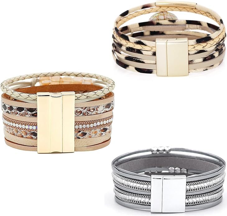 Wowanoo 3Pack Leather Cuff Bracelet Set Multilayer Wrap Bracelet Crystal Feather Tree Bracelet Magnetic Clasp Bracelet for Women