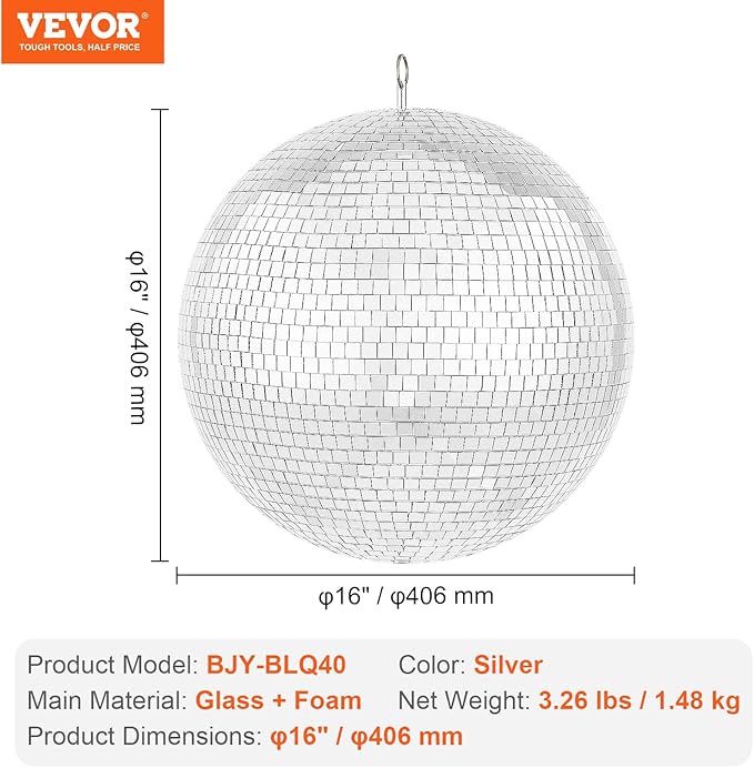 VEVOR Mirror Disco Ball, 16 Inch Party Mirror Ball with Hanging Ring, Large Lightning Disco Ball Party Decorations, Ideal for DJ Club, Stage, Wedding, Birthday, Christmas, New Years Celebration