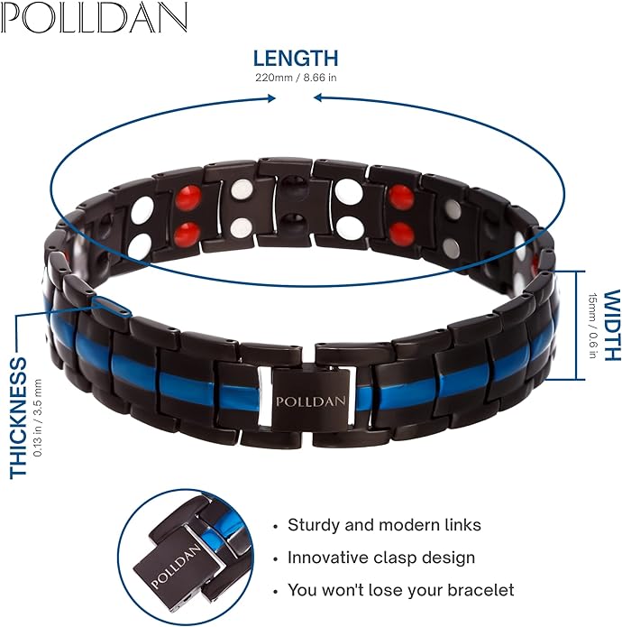 POLLDAN® 3X Power Magnetic Bracelets For Men | 6200 Gauss Strength Mens Titanium Bracelet with Fold-Over Clasp, Adjustable Length, Gift Box, Sizing Tool | Innovative Magnets Alloy - Patent