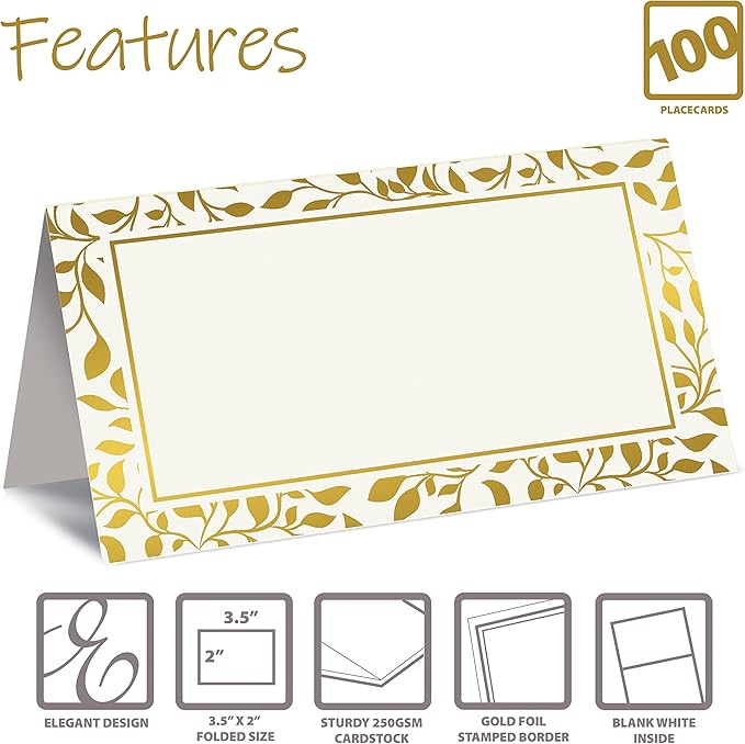 Better Office Products 100 Pack Place Cards, 2 x 3.5 in, White with Metallic Gold Leaf Foil Border, Folded Table Tent Cards for Weddings, Dinner Parties, Buffet Banquets,(100 Count)
