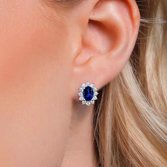 Gem Stone King 7X5MM Oval Gemstone Birthstone Stud Earrings For Women | Princess Diana Royal Halo Style | 925 Sterling Silver | Fine Jewelry Gifts for Anniversary Wedding Her Mom Women Wife