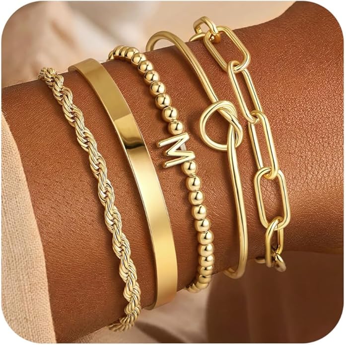Turandoss Valentines Gifts for Her Girls, Dainty 5PCS 14K Gold Plated Initial A-Z Beaded Stretch Bracelet Chunky Gold Cuff Knot Twisted Rope Paperclip Bracelet Set Stack Jewelry Gifts for Women Girls