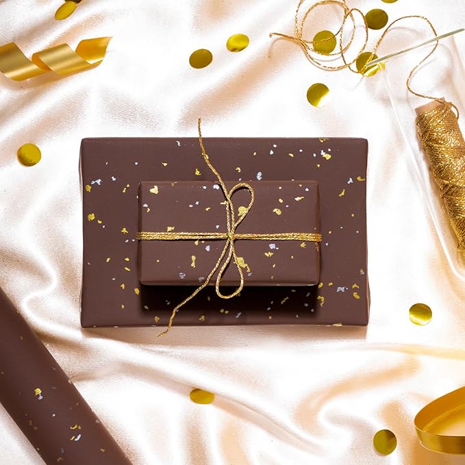 WRAPAHOLIC Chocolate Brown Wrapping Paper Roll - Mini Roll - 17 Inch x 16.5 Feet - Chocolate Brown Gold Design with Silky Touch Perfect for Birthday, Holiday, Wedding, Baby Shower