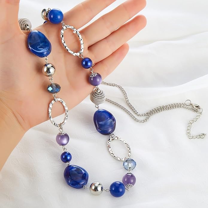 BULINLIN Beaded Long Necklace for Women Silver Sweater Chain Necklace with Crystal Resin Beads, Fashion Jewelry Necklace