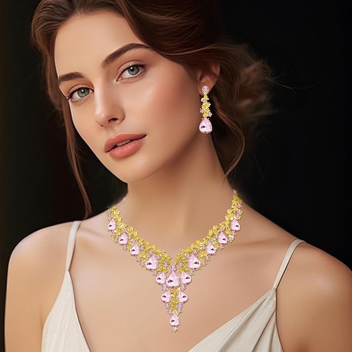 Wedding Bridal Bridesmaid Austrian Crystal Rhinestone Jewelry Sets Statement Choker Necklace Earrings Bracelets Sets for Wedding Party Prom