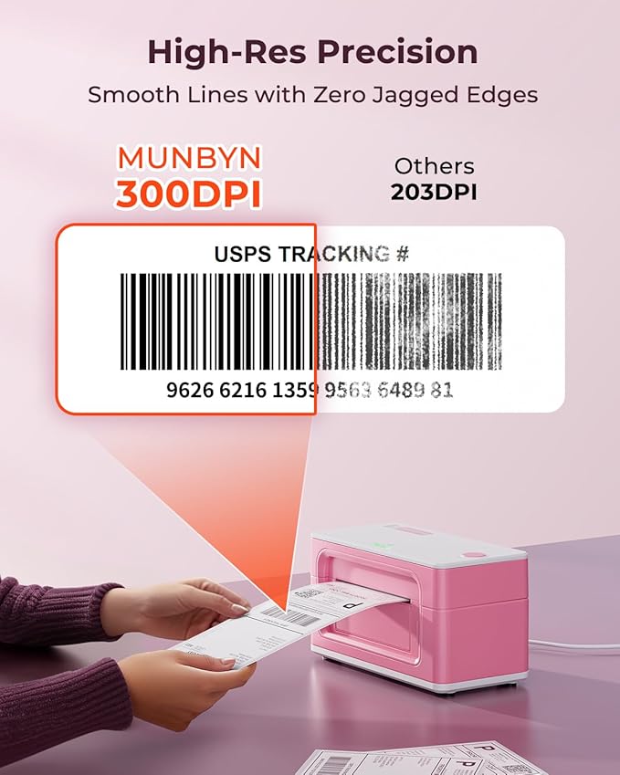 MUNBYN Bluetooth Thermal Label Printer 941B, Wireless 300DPI 4x6 Shipping Label Printer for Small Business, Compatible with Windows, Mac, iPhone, Android, PC, Ebay, Amazon, Shopify, Etsy, USPS (Pink)