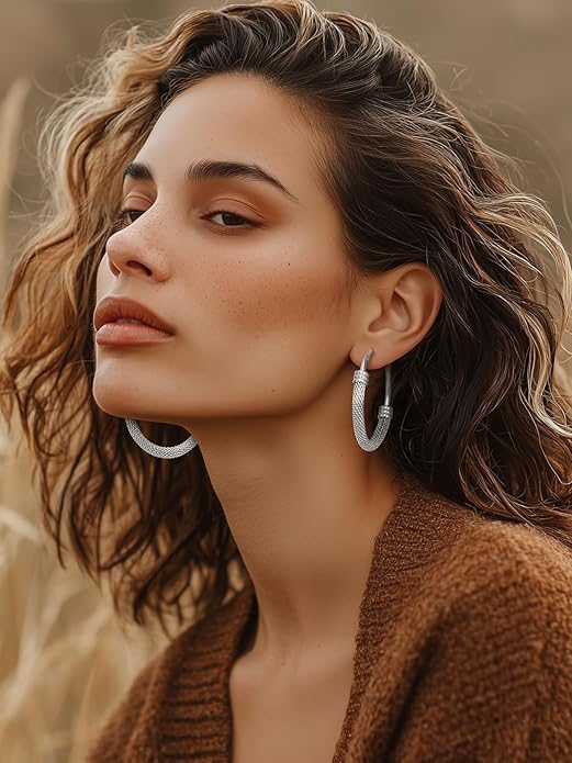 KeyStyle Mesh Hoop Earrings for Women, Stainless Steel Gold Hoops Earring Lightweight Loops, 2MM Thick Hypoallergenic Circle Endless Hollow Hoop 20mm-80mm