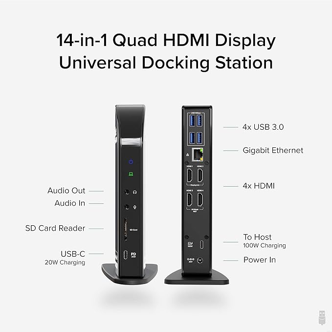 Plugable 14-in-1 USB C Docking Station | 4X HDMI Quad Dock with 100W Charging, HDMI Displays | Compatible with Windows, Thunderbolt (4X USB, 1x USB-C, Ethernet, SD Card, Audio) UD-3900C4