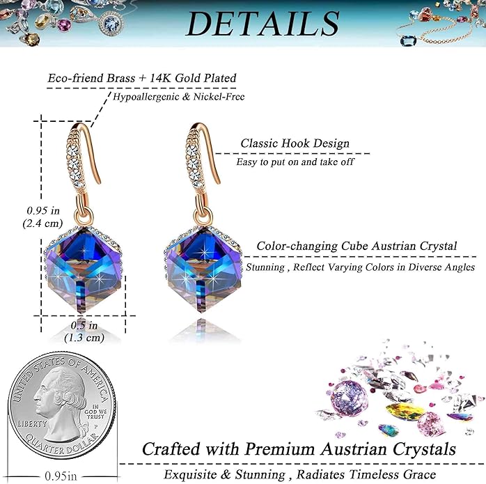 Austrian Crystal Cube Drop Dangle Earrings for Women 14K Gold Plated Hypoallergenic Jewelry