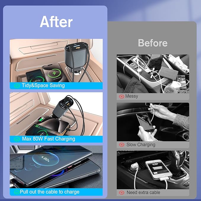 Retractable Car Charger for 4 in 1 Fast Charging Max 80W【ONLY 2 Type-C Charging Cable】 for iPhone16 15/Galaxy,USB-A/C Port for iPhone16/15/14/13/Pro Max Plus,iPad,AirPods,PD 3.0 Cord