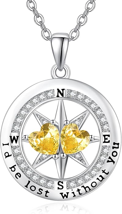 Compass Necklace for Women, Exquisite S925 Valentines Day Anniversary Birthday Gifts for Wife Her Double Birthstone Pendant Jewelry ‘I'd be Lost Without You’