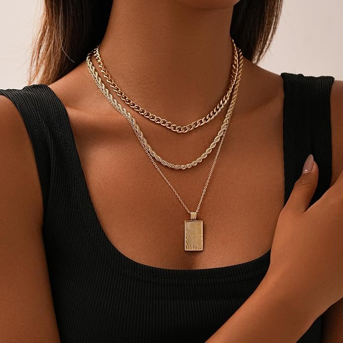 Women's Multi-Layered Gold Necklace, Stackable Delicate 14K Gold Plated Fashion Round Multi Layers Pendant Necklace, Gold Jewelry Set Gifts
