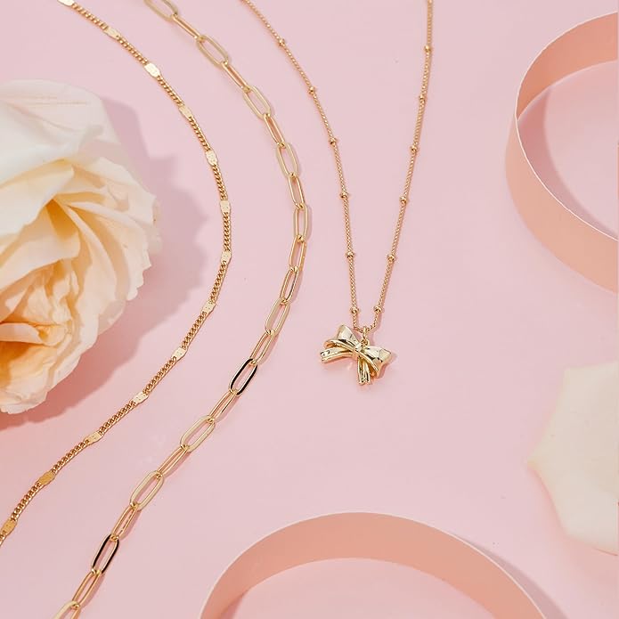 Layered Gold Necklaces for Women, Stackable Dainty 14K Gold Silver Plated Trendy Simple Heart Diamond Cross Bow Circle Pendant Paperclip Choker Dot Chain Necklace,Jewelry Set Gifts for Women