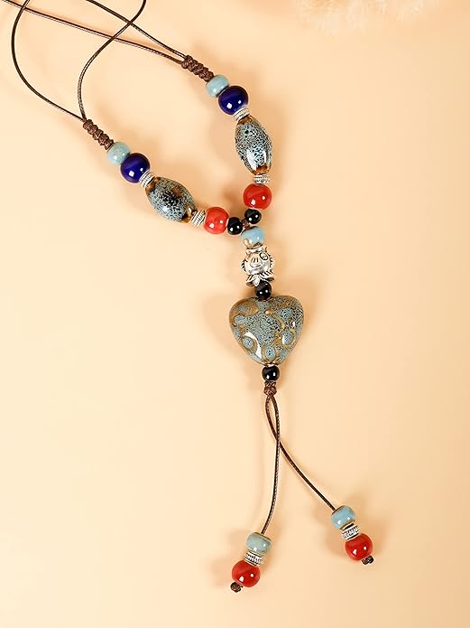 MINACHI Boho Hippie Colorful Ceramic Heart Bead Strand Necklace, Bohemian Summer Statement Jewelry Gift for Women