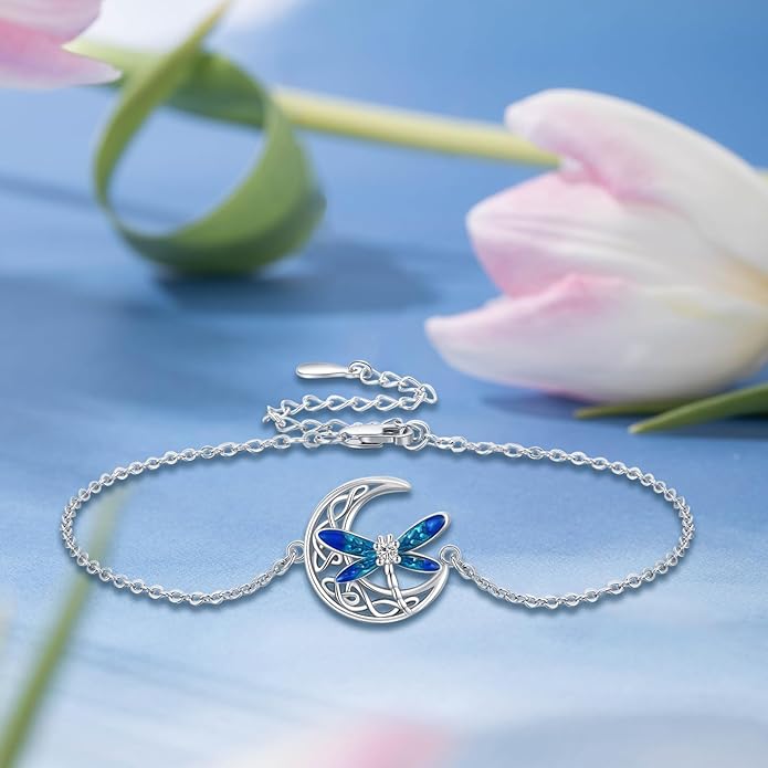 Dragonfly Bracelet 925 Sterling Silver Butterfly Bracelet Adjustable Celtic Moon Bracelet Irish Celtic Jewelry Gifts for Women