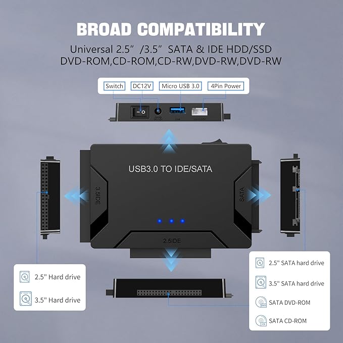 MaxRenard Hard Drive Reader USB 3.0 to SATA/IDE Adapter | Universal External Hard Drive Reader & Data Recovery Converter Kit for 2.5"/3.5" HDD/SSD | with 12V/2A Power Supply