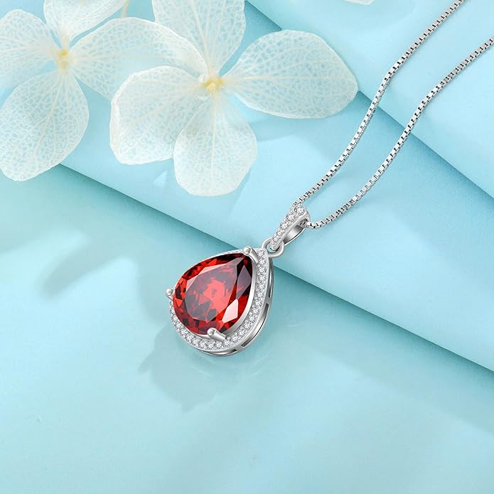 FJ Teardrop Pendant Necklace 925 Sterling Silver Birthstone Jewelry Gifts for Women