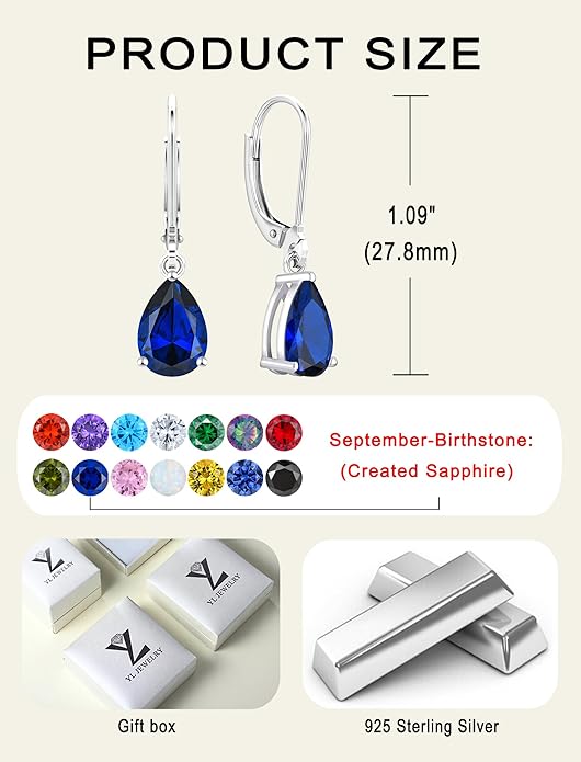 YL 925 Sterling Silver Teardrop Dangle Drop Earrings for Women 7x10 MM Solitaire Birthstone Leverback Jewelry