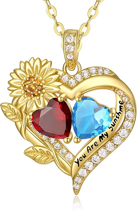 Sunflower Heart Necklace for Women 14K Gold Exquisite Valentines Day Anniversary Birthday Gifts for Wife Mother Her Double Birthstone Pendant Jewelry‘You Are My Sunshine’