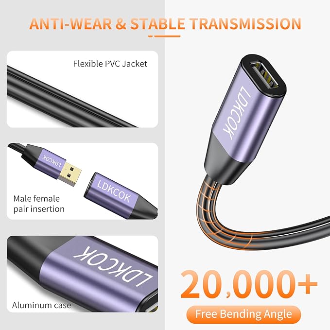 LDKCOK USB 2.0 Type A Male to A Female Active Repeater Extension Cable 30ft, High Speed 480 Mbps