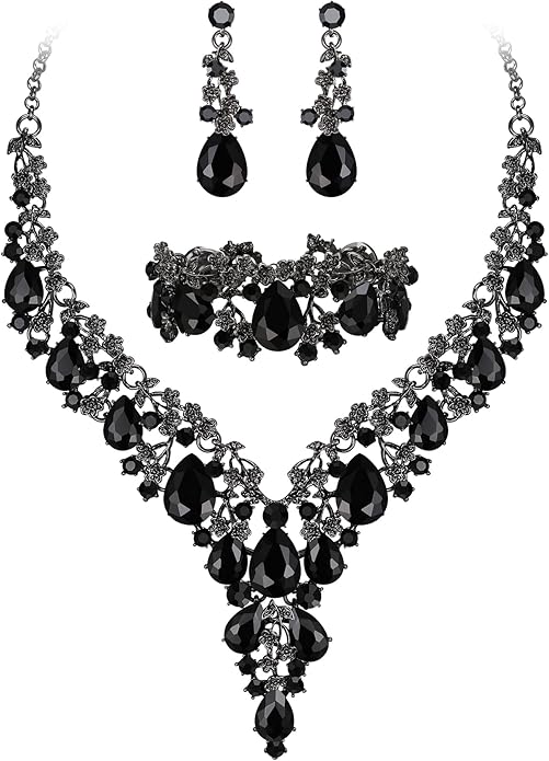 BriLove Women's Wedding Bridal Austrian Crystal Teardrop Flower Cluster Statement Necklace Dangle Earrings Jewelry Set for Party Prom