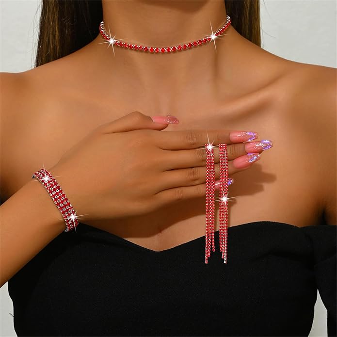 PINK TOWN Vintage Rhinestone Bridal Jewelry Sets,Crystal Wedding Prom Earrings Necklace Bracelet Set Fashion Zircon Bride Jewelry Dress Accessories for Women
