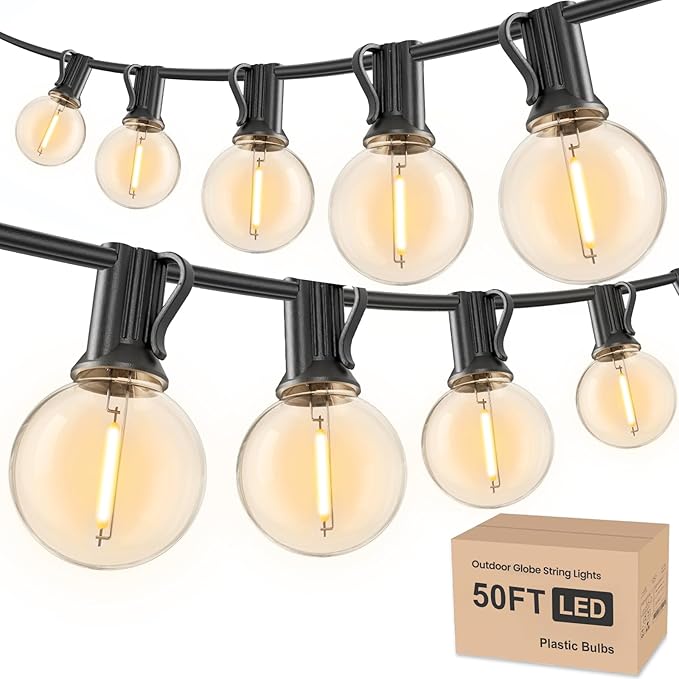 RTTY Outdoor String Lights 50ft, G40 Led Patio Globe Lights with 26pcs Plastic Bulbs, Shatterproof Waterproof Connectable Hanging for Porch Cafe Bistro Backyard Gazebo Balcony Deck Party