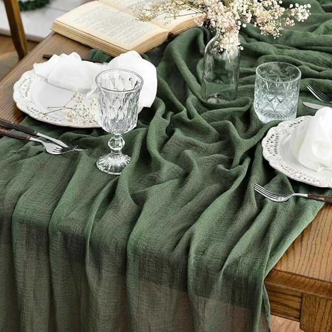 Artoid Mode Boho Cheesecloth Gauze Forest Green Wedding Table Runner, 160 Inch Seasonal Fabric Kitchen Dining Holiday Table Decor for Home Party Indoor
