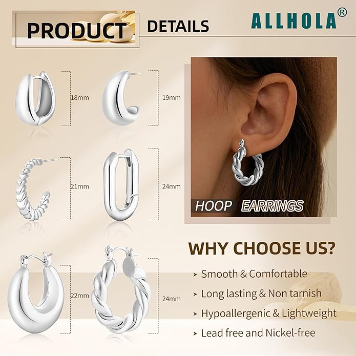 6 Pairs 14K Gold Plated Hoop Earrings for Women Lightweight Chunky Hoop Earrings Multipack Hypoallergenic, Thick Open Twisted Huggie Hoops Earring Set Jewelry for Gifts.