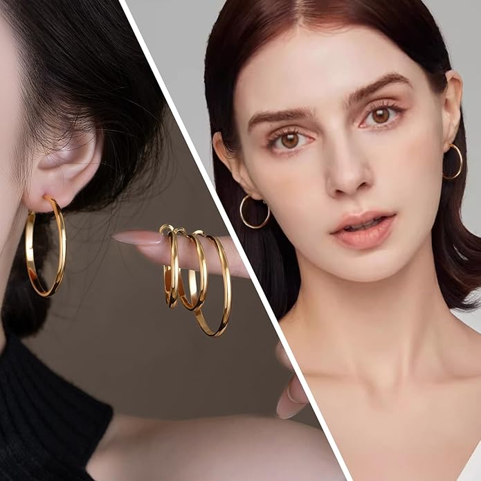 4 Pairs Silver Gold Hoop Earrings for Women | 14K Gold Plated Hoop Earrings Set Hypoallergenic Earring Lightweight Dangle Earrings Set