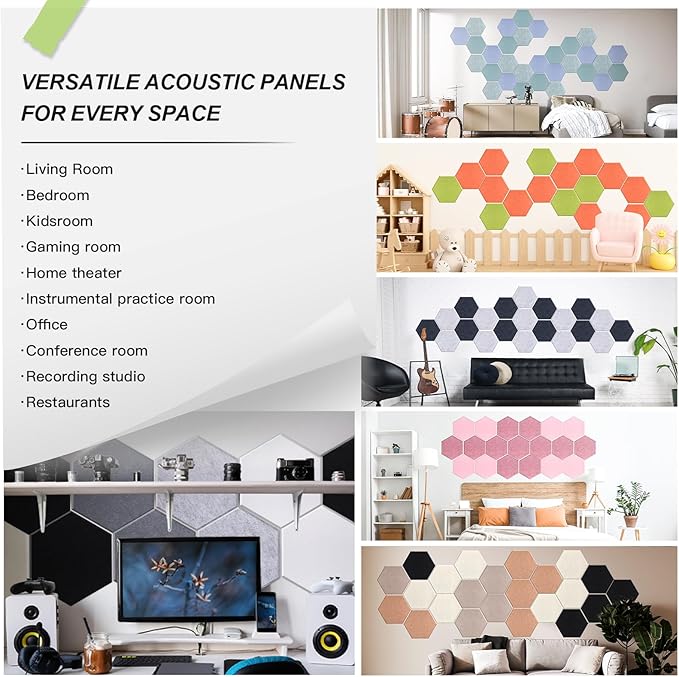 Mollywell Hexagon Acoustic Panels, High Density, Soundproofing, Decorative Noise Reduction Felt Wall Tiles for Studio, Home, Office (Deep Camel, Deep Brown, Black, Light Camel), 14x12x0.4 Inch