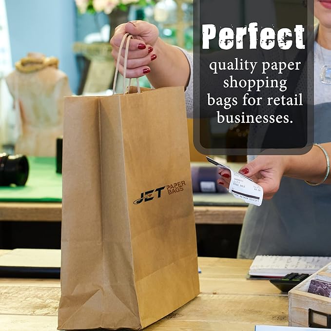 JET PAPER BAGS - 10”x5”x10” Inch [100 Pcs] Brown Paper Bags with Handles Prime for Takeout, Grocery, Goody, Retail, Party, Gifts, Weddings - Recyclable Kraft Paper Gift Bags with Handles