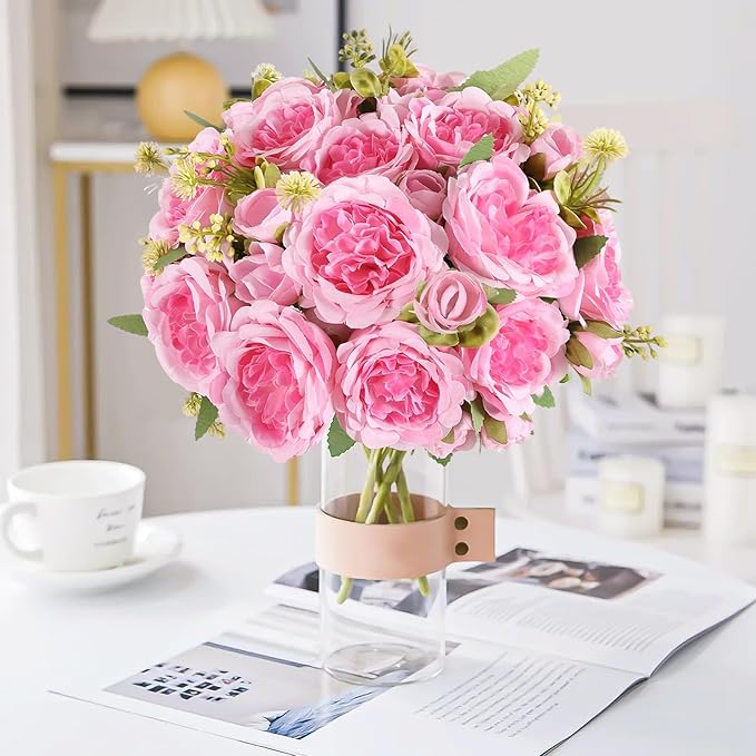 12 Packs Artificial Peonies Silk Flowers: Faux Peony Bouquet 12 Bundles, Fake Peonies Flowers Bulk for Centerpiece Table Wedding Party Home Decor for Vase Decoration (Pink)