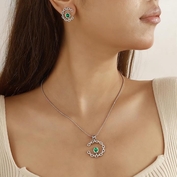 Elegant C-Shaped Crystal Necklaces/Stud Earrings Set with Birthstone Jewelry Set Silver Plated Fashion Jewelry for Women CS0003