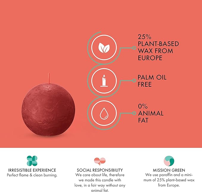 BOLSIUS 3 Pack Delicate Red Rustic Ball Pillar Candles - 3 Inch - Premium European Quality - Includes Natural Plant-Based Wax - Unscented Dripless Smokeless 25 Hour Party Décor and Wedding Candles