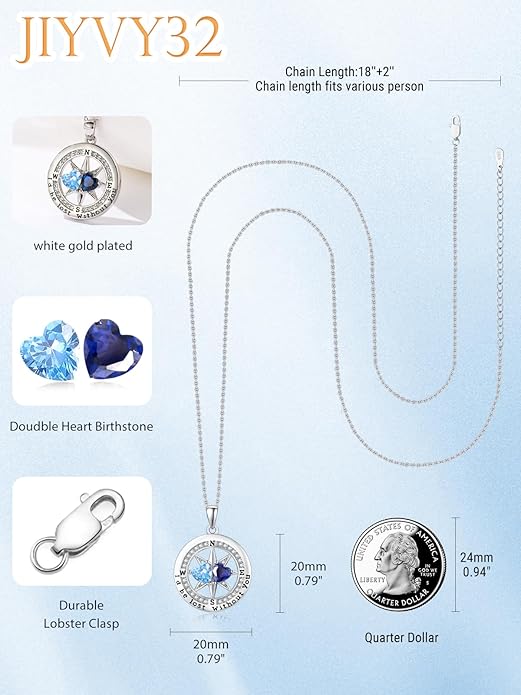 Compass Necklace for Women, Exquisite S925 Valentines Day Anniversary Birthday Gifts for Wife Her Double Birthstone Pendant Jewelry ‘I'd be Lost Without You’