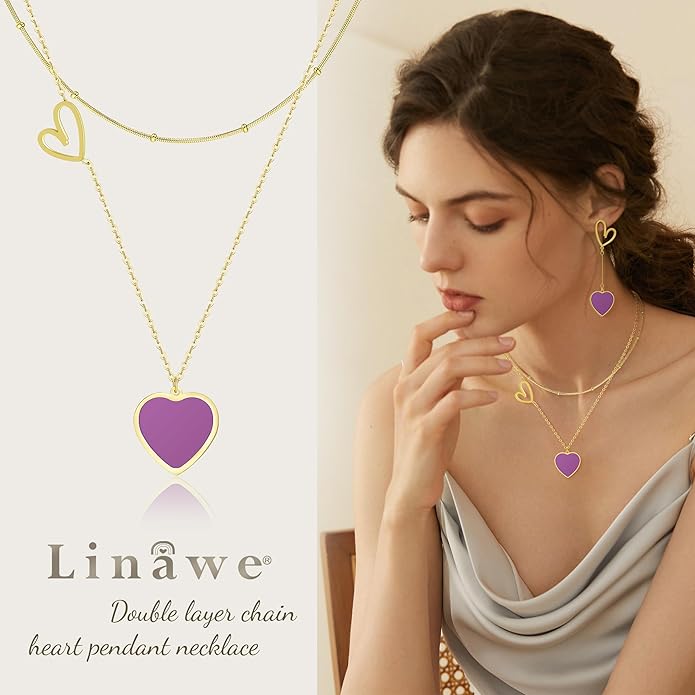 Linawe Layered Choker Heart Pendant Necklace for Women Trendy, Gold/Silver/Rose Gold Chain Stainless Steel Stacked Necklaces, Double Heart Necklace Y2K Preppy Jewelry