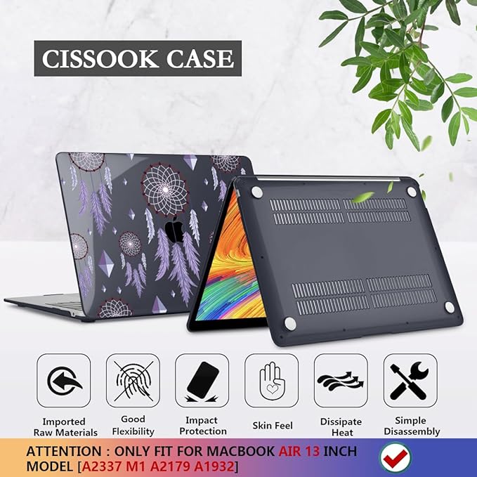 CISSOOK Compatible with MacBook Air 13 inch 2021 2020 2019 2018 Release M1 Chip A2337 A2179 A1932, Plastic Black Hard Shell Protective Cover for MacBook Air 13 Retina with Touch ID, Dream Catcher