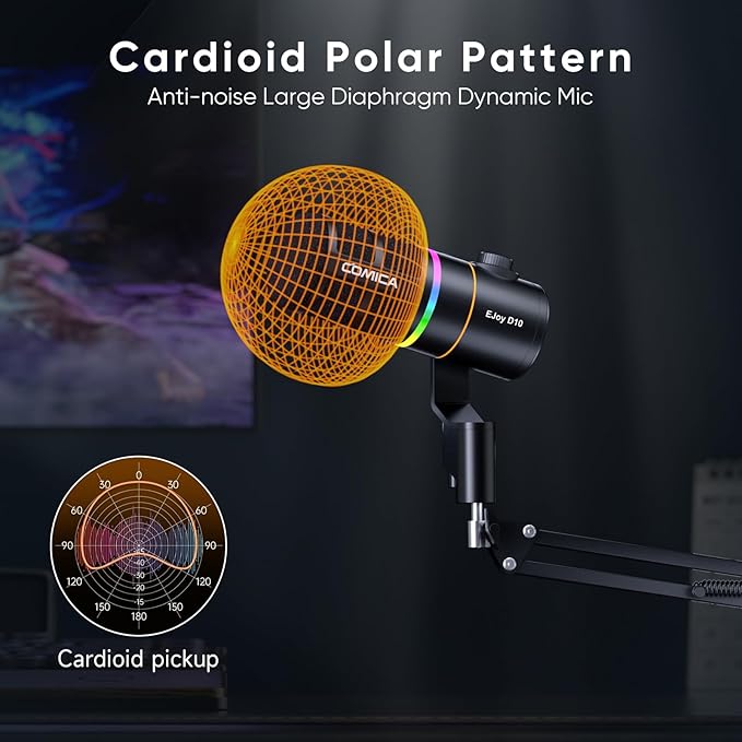 COMICA EJoy D10(A) USB Gaming Microphone – Boom Arm Mic with Noise Cancellation, XLR/USB-C, Real-Time Monitoring, Muting, RGB Professional Studio Mic for Gaming, Streaming, Podcast, Recording (Black)