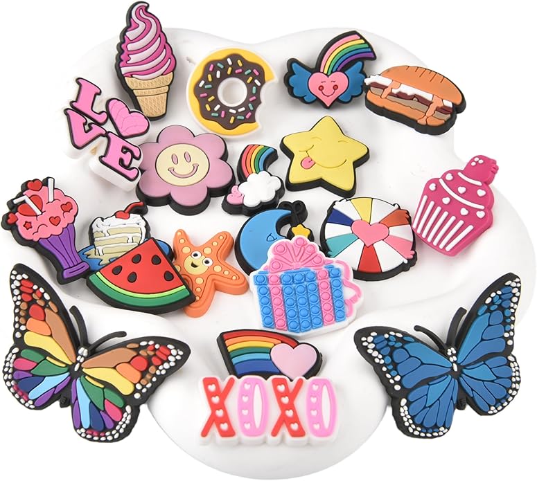 20PCS Cute Shoe Charms for Girls Teens - PVC Flower, Rainbow, Dessert Shoe Clips Decorations for Holely Shoes, Sneakers, Casual Footwear