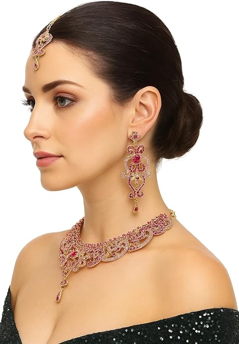 Touchstone Indian jewelry set for women bollywood gold jewellery wedding outfits necklace sets earrings bridal maang tikka fancy costume girls big desi accessories rhinestone in gold or silver tone
