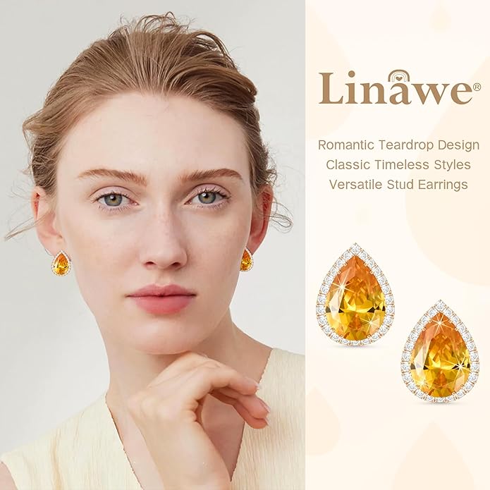 Linawe Women Stud Earrings, Teardrop Diamond Moissanite Cubic Zirconia Earrings Studs Rhinestone Jewelry Gold/Silver/Rose Gold