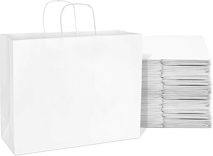 Prime Line Packaging White Gift Bags, Large Paper Bags with Handles for Small Business, Shopping, Boutique, Retail, Party Favors, Bulk, 16x6x12, 200 Pack