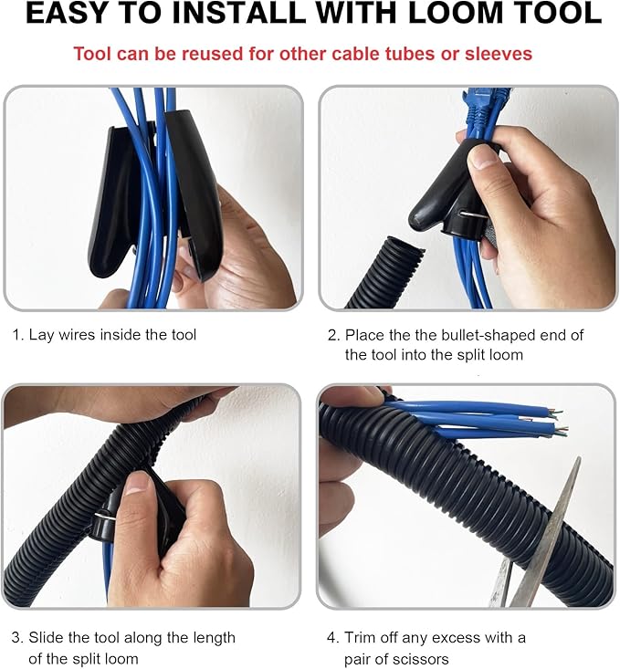 CrocSee 25ft - 1/4 inch Flame Retardant Split Wire Loom Tubing with Installation Tool - Flexible Wire Covers Cord Protectors - Black