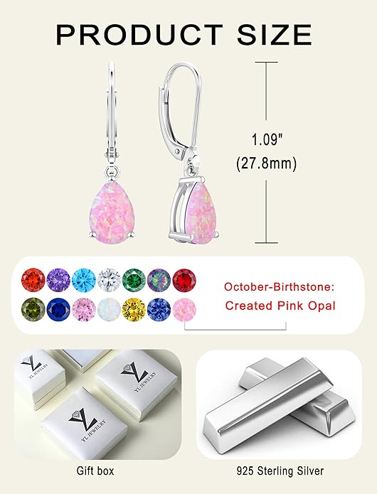 YL 925 Sterling Silver Teardrop Dangle Drop Earrings for Women 7x10 MM Solitaire Birthstone Leverback Jewelry