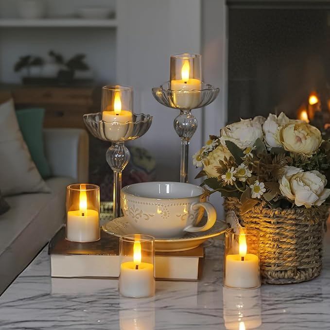 Rechargeable Acrylic Flameless Votive Candles with Timer & Remote Control, 1.7" x2.5" Flickering LED Warm Glow Tealight for Home, Wedding, Holiday Decor (Set of 6, White)